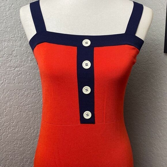 STAUD tomato red/blue straps w/ buttons dress knit S pinup retro - Picture 2 of 13